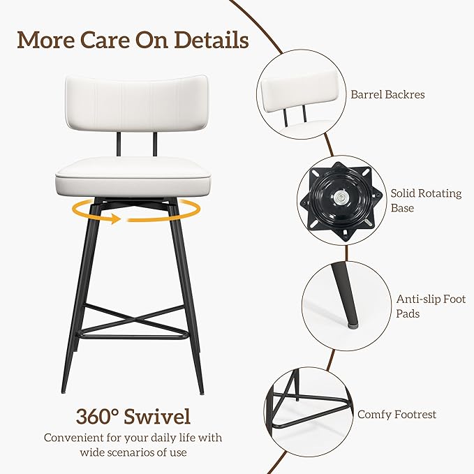 Swivel Counter Height Bar Stools Set of 3, 26 inch White Leather Kitchen Swivel Counter Stools with Backs, Metal Legs and Footrest, Bar Chairs for Kitchen Island
