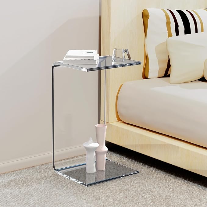 Acrylic Side Table, 24" L x 15" W x12'' H x3/5'' Thick C-Shape Clear Modern Decorative End Table, Multipurpose Coffee Table for Living Room, Bedroom and Office (1pcs)