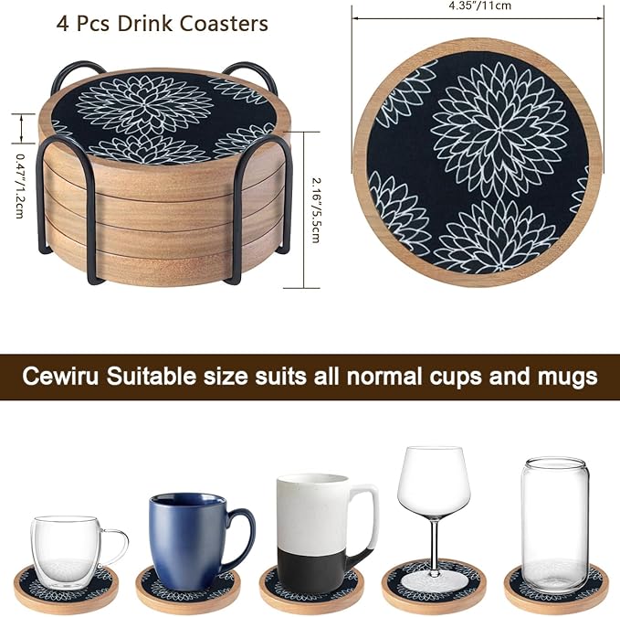 Wood Coasters Set of 4 with Holder, Cewiru Cup Mat for Drinks, Absorbent Coasters with Felt Insert for Coffee Table Protection, Modern Style Home Dining Table Decor, 4.3" Black
