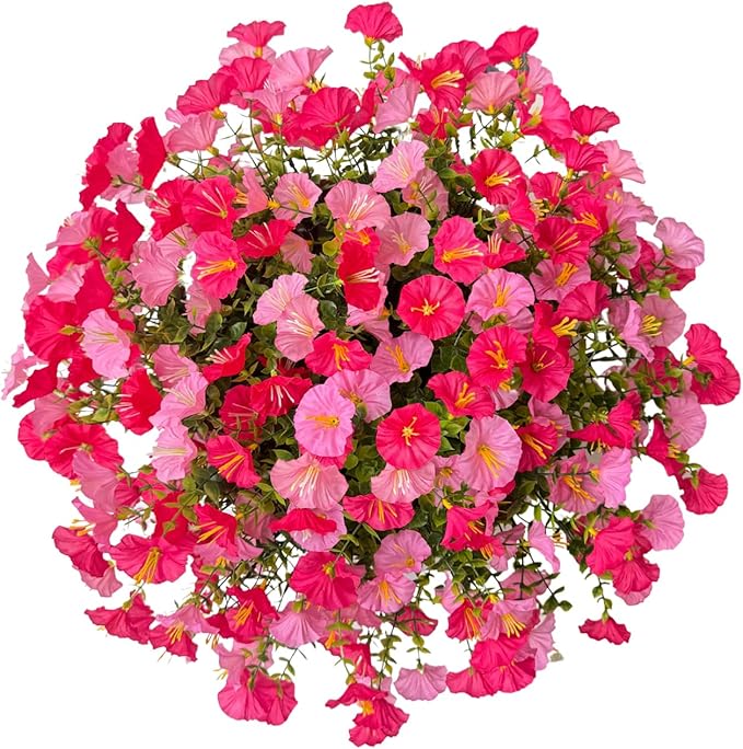 Artificial Hanging Faux Flowers Basket, Fake Silk Petunias Plants Arrangement,for Spring Summer Outdoor Decoration,UV Resistant, Morning Glorias,for Home Garden Decor (Dark&Light Pink)