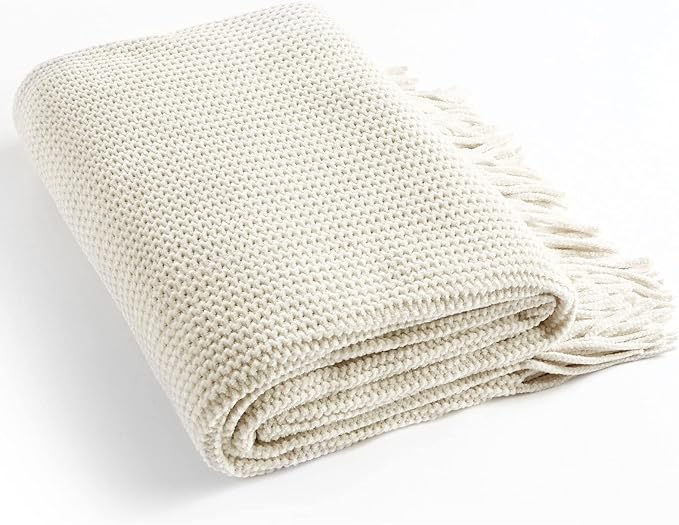 BLAGIC Knitted Throw Blanket for Couch Soft Farmhouse Boho Throw Blanket with Tassels Home Decorative Lightweight Throw Blankets, Throws for Bed/Chair/Sofa, Stripe Textured(Creamy White,50"W x 60"L)
