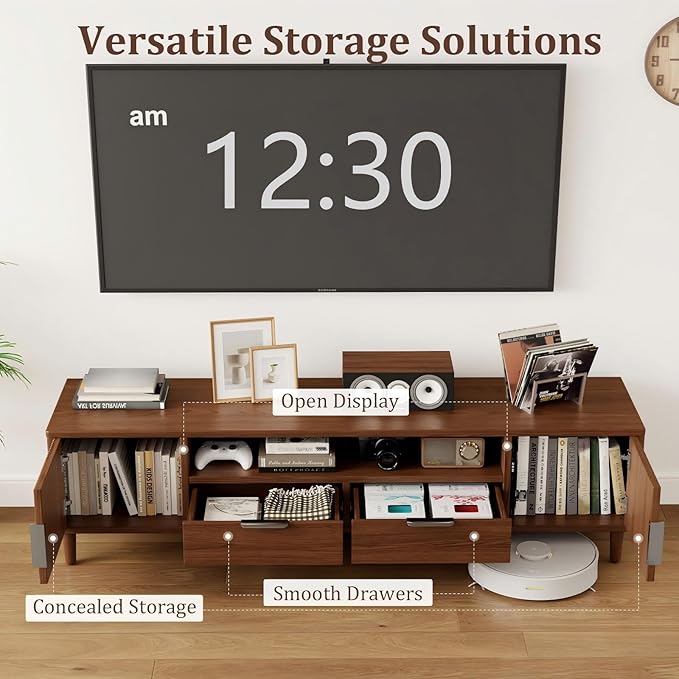 Mid Century Modern TV Stand for TVs Up to 65 in- Wooden Fluted Entertainment Center Low Profile TV Console with Cabinet, Drawers and Shelf, Media Console for Living Room