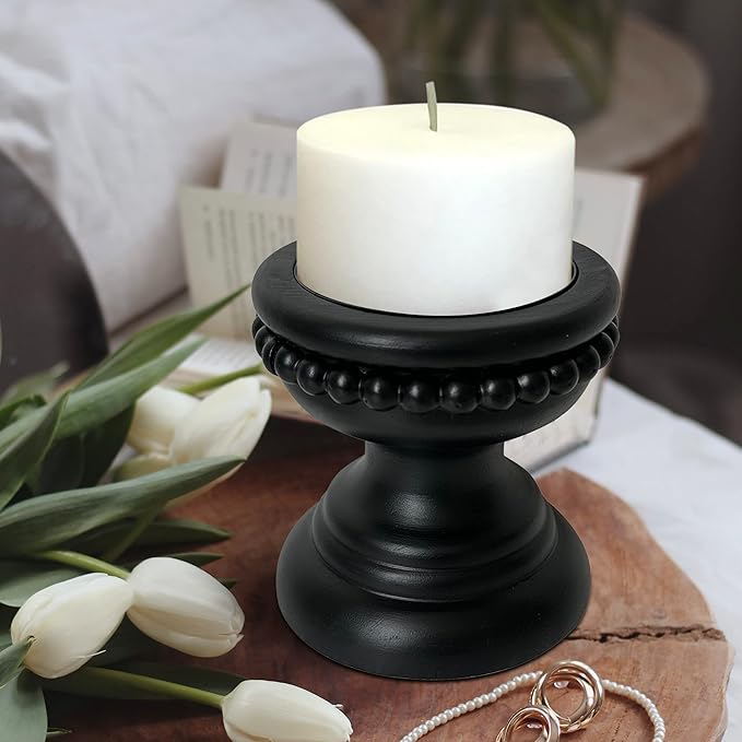 Farmhouse Rustic Wood Pillar Candle Holder, Decorative Beaded Candlestick Holder Stand for Home Décor, Gifts, Wedding (Black)