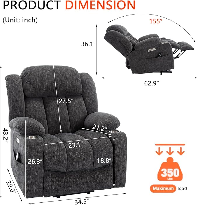 Power Lift Recliner Chair, 350lb Capacity with 8-Point Massage & Heating, USB/Type-C Ports & Cup Holders, Heavy Duty Chenille Recliner for Elderly, Grey