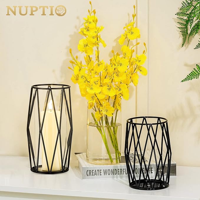 Nuptio Black Pillar Candle Holders - Glass Candles Holder with Geometric Metal Rack Stand for Wedding Birthday Party Centerpieces - Flower Vase Small Hurricane Vases for Office Living Room