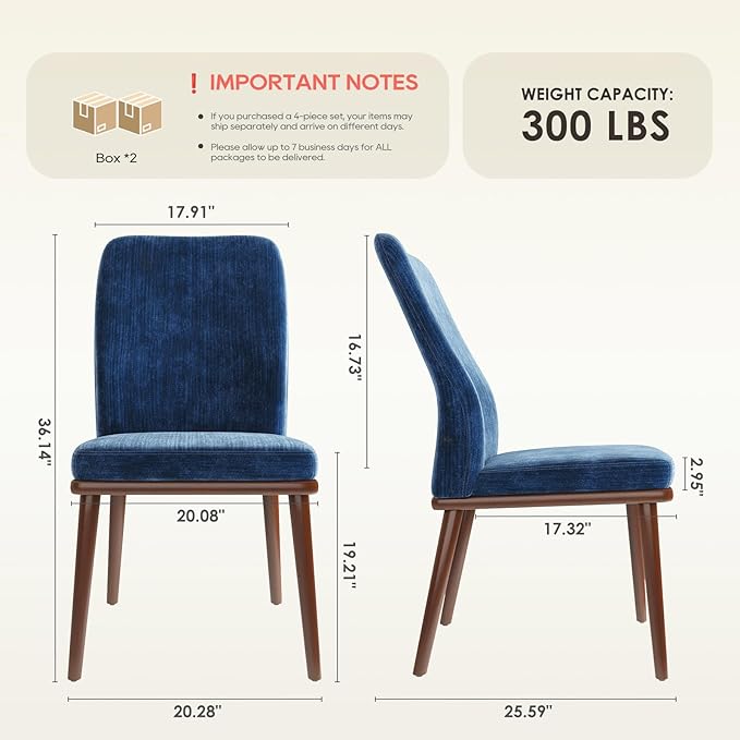 Modern Dining Chairs Set of 4, Upholstered Kitchen Chairs with High Back, Padded Fabric Dining Room Chair with Solid Wood Legs for Restaurant/Cafe/Home, Blue