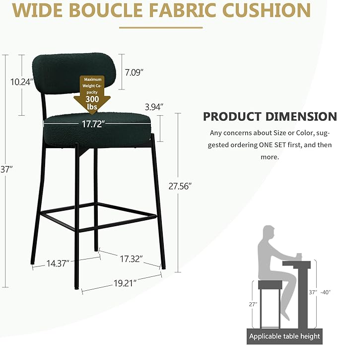 DYHOME Bar Stools Set of 6, 27.56 Inches Counter Height Kitchen Stools with Back, Modern Metal Tall Bar Stools for Kitchen Island, Green