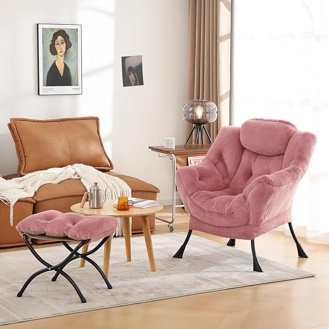 Cozy Lazy Chair and Ottoman, Large Contemporary Accent Lounge Chair Set, Leisure Upholstered Reading Armchair for Bedroom, Living Room, Dorm Rooms, Office