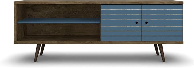 Manhattan Comfort Liberty Mid Century Modern TV Stand for Televisions up to 60 Inches, Bedroom and Living Room Entertainment Center with Storage, Shelves, and Cabinet, 63" Wide, Rustic Brown/Aqua