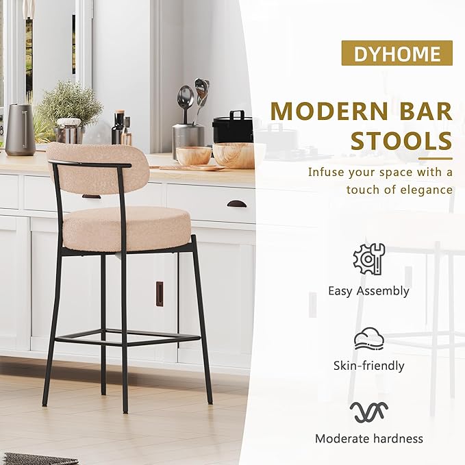 DYHOME Bar Stools Set of 3, Beige 27.56 Inches Counter Height Bar Stools with Back, Mid-Century Modern Bar Chairs for Kitchen Island, Dining Room