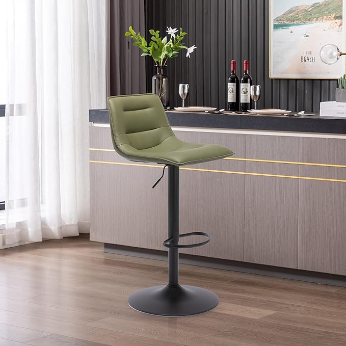 Brage Living Adjustable Bar Stool, Modern PU Leather Swivel Counter Height Barstool with Back, Armless Airlift Curved Bar Chair for Kitchen Dining Cafe, 1 pc (Olive Green, Black Base)