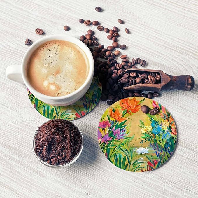 Oil Beautiful Bloom Round Coaster for Home Coffee Table Colorful Flowers Bouquet Floral Elegance Farmhouse Drink Coasters 100% Diatomite 4''X 4''X 0.35'' Printed Pattern