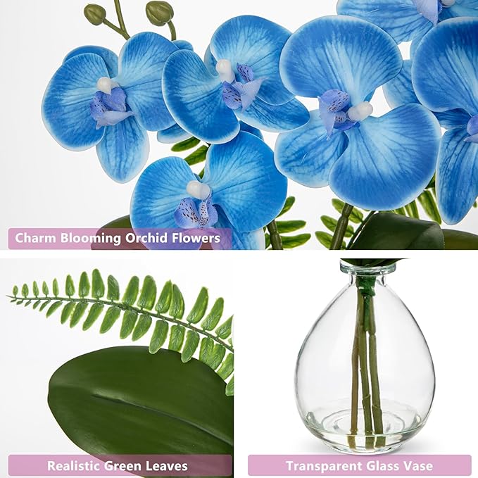 Blue Orchids Artificial Flowers, Faux Orchid in Glass Vase Real Touch Small Phalaenopsis Orchid Flowers Arrangements with Clear Vase Orchid Centerpiece for Dining Room Table
