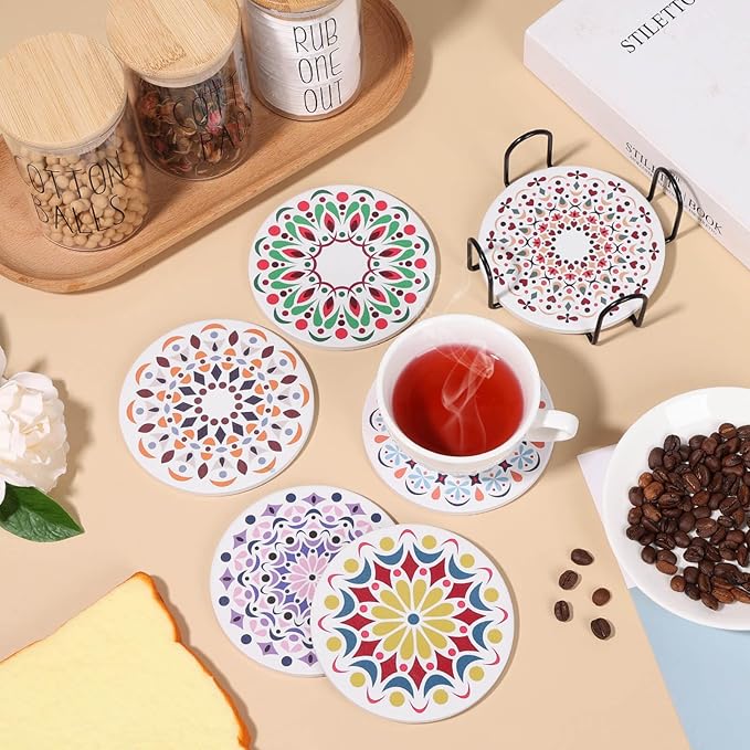 Acejoz Drink Coasters Set of 6, Mandala Design, Ceramic, Round, 4 Inches, Multicolor