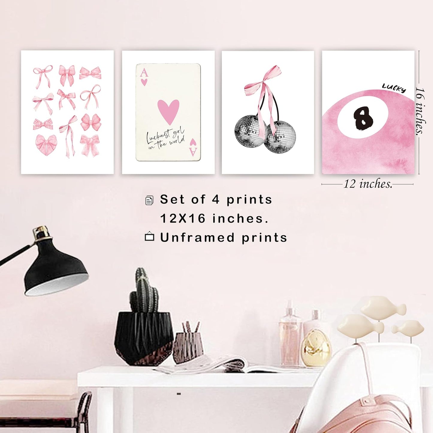 Pink Coquette Trendy Preppy Wall Art Prints Set of 4, Coquette Room Decor, Preppy Room Decor Aesthetic, Pink Bow Disco 8 Ball Cherry Wall Decor Posters for Girls Bedroom Dorm, 12x16 Unframed