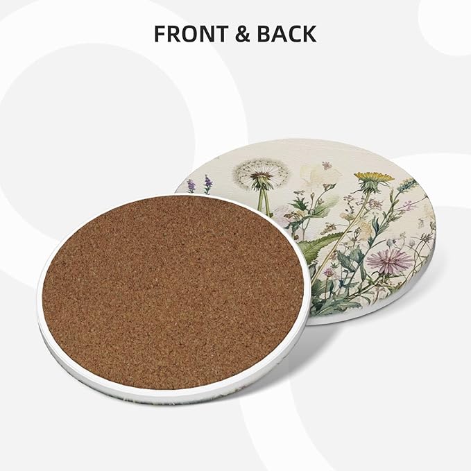Antique Herbs and Wild Flowers Coasters for Drinks Summer Plants Absorbent Ceramic Coaster Set of 4 for Coffee Table Cup Bar Desk Round Coasters Mat with Cork Base Seasonal Home Decors