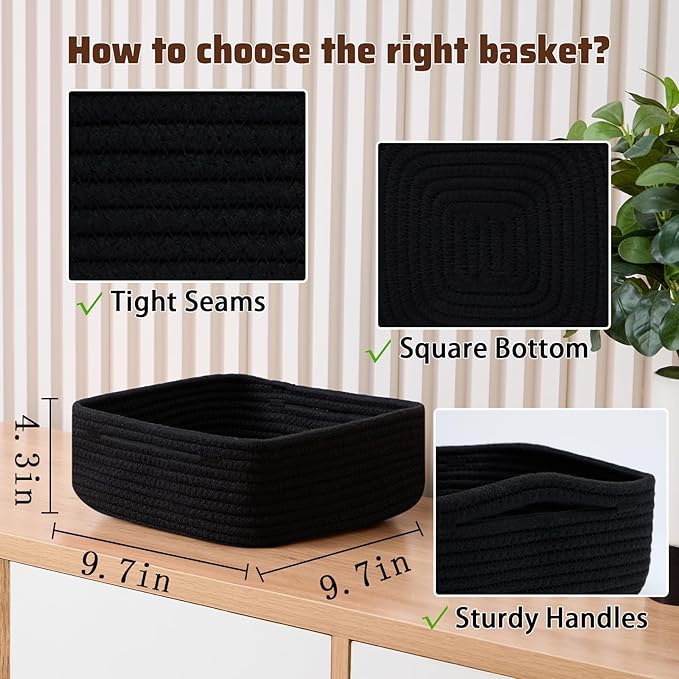 Small Square Shallow Baskets for Organizing, 9.7x9.7x4.3 Inch Rope Woven Storage Bins for Cubes Closet, Shelves Storage, Boho Decorative Basket, 2 Packs Black