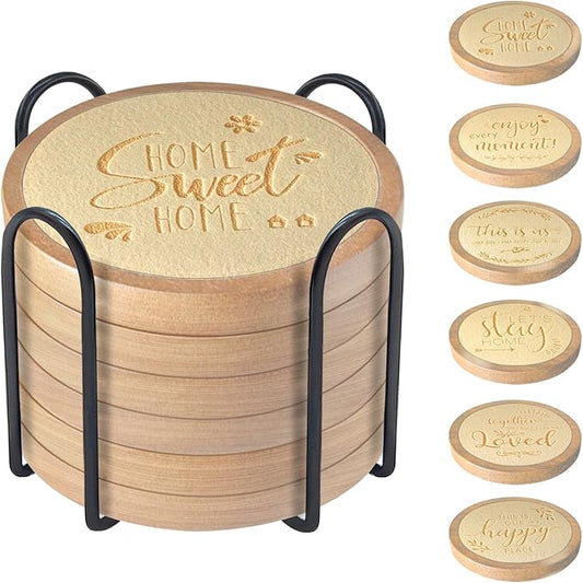 Coasters Sets of 6 Housewarming Gifts for Home Decoration Absorbent Coasters with Holder for Coffee Tabletop Protection 4.3 Inch Beige
