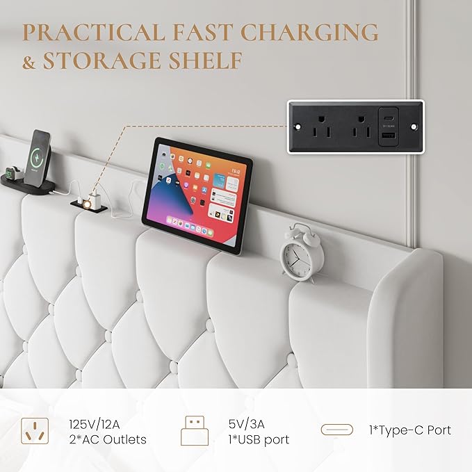 SHA CERLIN King Size Platform Bed Frame with Charging Station, Velvet Wingback Headboard with Storage Shelf, Wooden Slats Support, Ample Under-Bed Space, No Box Spring Needed, Easy Assembly, White