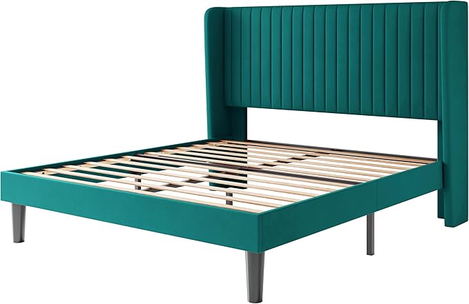 SHA CERLIN Full Size Velvet Bed Frame with Vertical Channel Tufted Wingback Headboard, Upholstered Platform Bed with Wood Slats, No Box Spring Needed, Easy Assembly, Teal