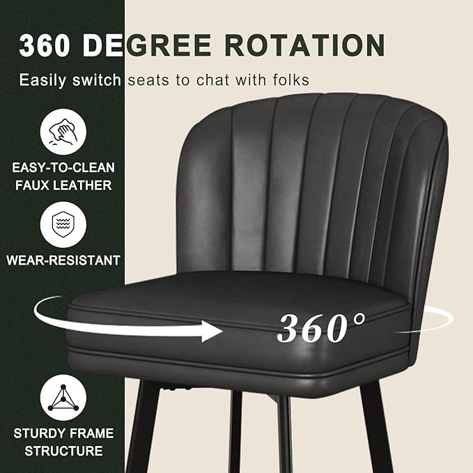 Swivel Counter Height Bar Stools Set of 3, 26'' Modern Barstools with Backs and Metal Legs, Upholstered Bar Chairs, Faux Leather Black Stools for Kitchen Island Chairs