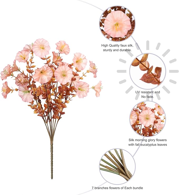 Fake Mums Fall Artificial Flowers Plants for Outdoors Autumn Decoration, 12 Bundles Silk Morning Glory with Eucalyptus Realistic UV Resistant Faux Mums for Outside Planter Yard Garden Home Indoor, Mix