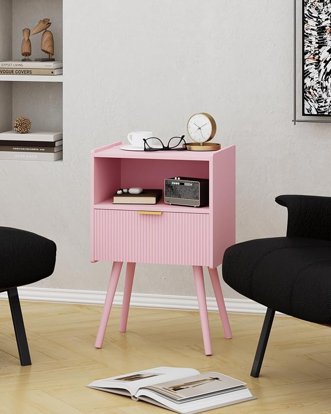 Nightstand,Modern Bedside Table with Storage Drawer and Open Wood Shelf, for Living Room, Bedroom and Small Spaces, Accent Night Stand with Solid Wood Legs, Easy Assembly,Classic Pink