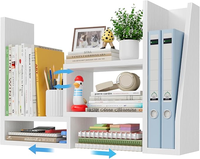 Desktop File Organizer Desk Organizer Shelf - White Office Organization Shelves for Top of Desk Organizers and Accessories Corner Bookshelf Table Top Shelving Small Hutch Decorations for Women Office