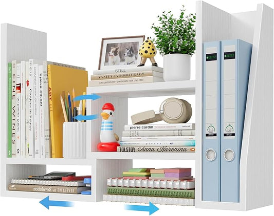 Desktop File Organizer Desk Organizer Shelf - White Office Organization Shelves for Top of Desk Organizers and Accessories Corner Bookshelf Table Top Shelving Small Hutch Decorations for Women Office