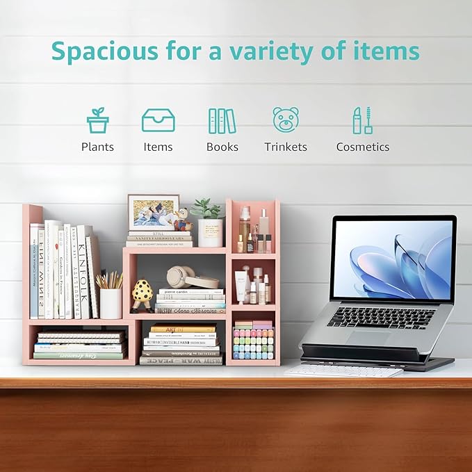 Desk Shelves Desktop Orgnizer Shlef - Pink Office Organization for Top of Desk Organizers and Accessories Corner Bookshelf Table Top Shelving Small Hutch Decorations for Office