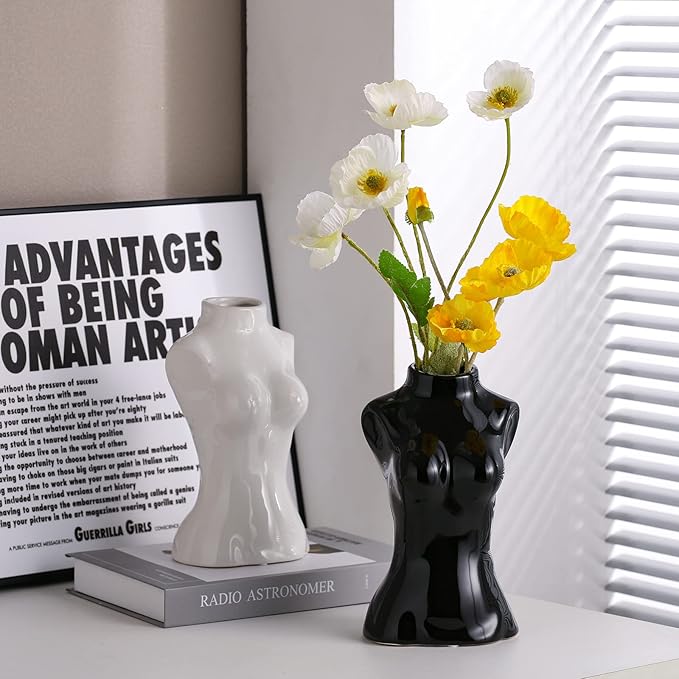 hjn Female Body Vase- Ceramic Black Vase for Flowers,Morden Art Woman Shape Vases for Living Room/Home Decor Accents/Bookshelf/Mantel-Black