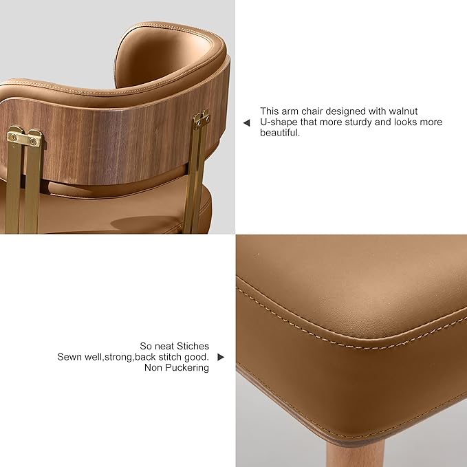 Modern Mid-Century Upholstered Leather Dining Chairs with High-Resilience Foam, Walnut Wood Veneer&Gold Metal Legs,Dining Chairs with Anti-Slip Pads,Light Brown