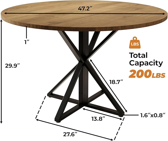 GarveeHome 47 inch Round Dining Table for 4, Brown, Farmhouse Wood Circle Pedestal Kitchen Table, Circle Dinner Table for Kitchen & Dining Room