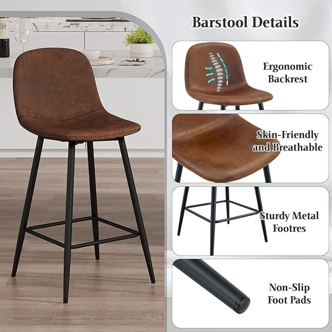 Counter Height Bar stools Set of 4, 24.6" Brown Kitchen Bar Stools with Back & Metal Footrest, Modern Island Chairs Set of 4 for Kitchens Island Home Bar