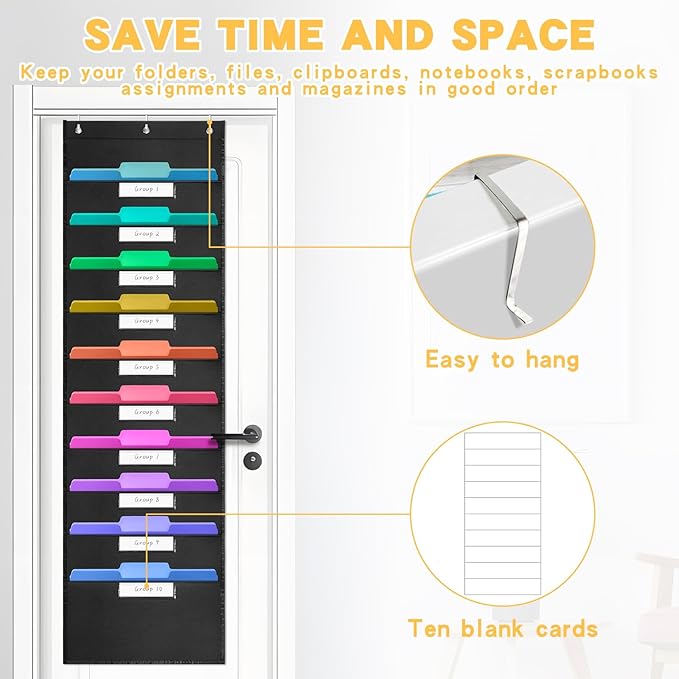 10-Pockets Hanging File Organizer with 3 Over-Door Hangers, Wall Mount Storage Chart with 10 Name Tags for Magazines, Files, Pens in Office & School