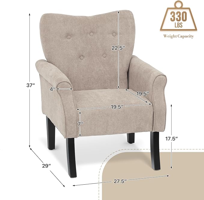 Athena Collection Mid Century Modern Chair for Living Room, Upholstered Wingback Reading Chair for Adults, Comfy Linen Fabric Armchair with Wooden Legs for Bedroom, Dorm, Balcony, Beige