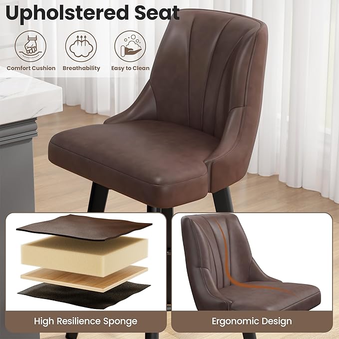 Counter Height Swivel Bar Stool, 24" Upholstered PU Leather Barstools Set of 8, Counter Stool Chair with Back & Solid Wood Legs for Kitchen Island Dining Room (Brown)