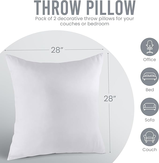 Utopia Bedding Throw Pillows Insert (Pack of 2, White) - 28 x 28 Inches Bed and Couch Pillows - Indoor Decorative Pillow