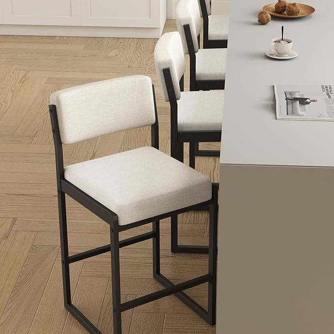 Mid Century Modern Counter Height Bar Stools Set of 3, 26" Bar Height Chairs with Backs, Upholstered Counter Stools, Metal Barstools for Kitchen Island (Beige- Fabric, 26" H - Set of 3)