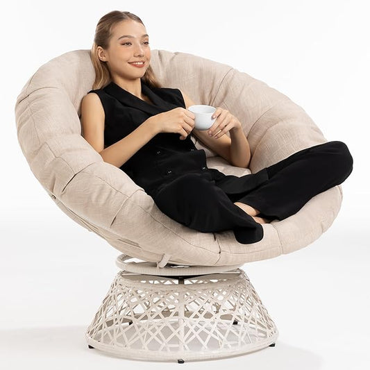 Bme 40" Ergonomic Wicker Papasan Chair with Soft Thick Cushion & Frame, 360° Swivel, Circle, Reading, Comfy Chair for Living Room, Bedroom