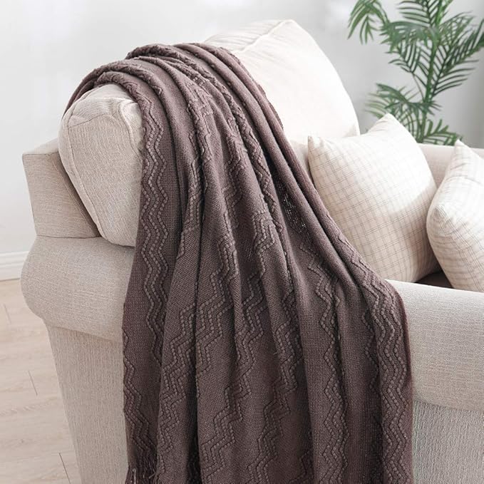 BOURINA Brown Throw Blanket 50x60 Inches Throw Textured Solid Soft Sofa Couch Decorative Knit Blanket