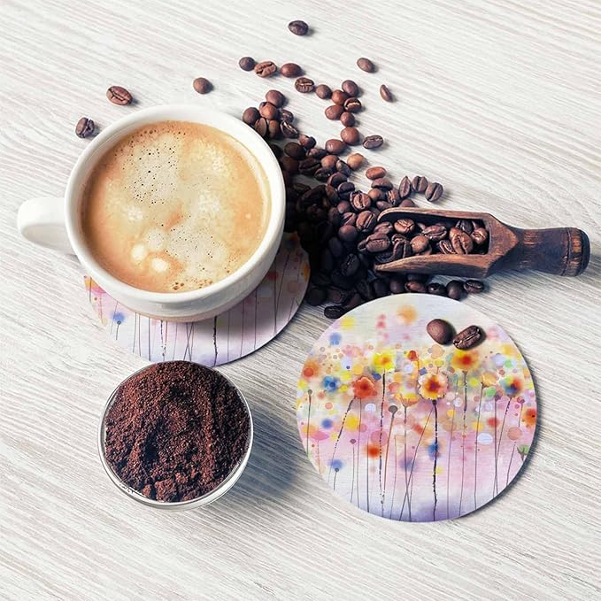 Watercolor Floral Coasters for Drinks Office Coffee Table Spring Flowers Soft Color Purple Pink Poppy Bloom Living Room Decor Set of 2 for Cold Drinks Wine Mugs and Cups 4 Inch