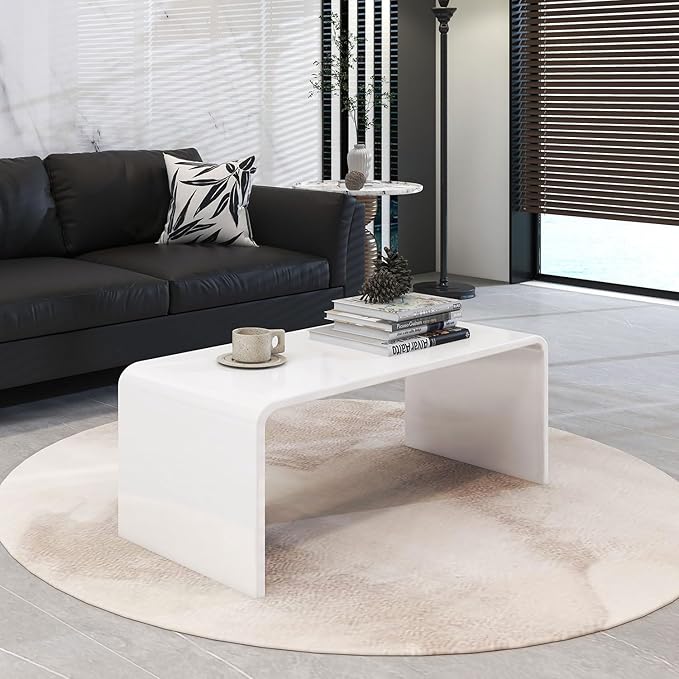 32 Inch Ceramic-Gloss White Waterfall Rectangle Coffee Table,Morden Afternoon Tea Table, Stubborn Stains Resistance,Easy Clean, Middle Size Table(32 * 16 * 16) fit for 2 seat Sofa