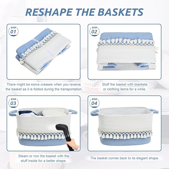 3 Pack Storage Basket for Shelves, Boho Cotton Rope Storage Bins with Heavy Tassel, Shelf Baskets Large Woven Baskets for Organizing, Cube Organizer Bins, Baby Laundry Basket for Clothes, Toys, Pets