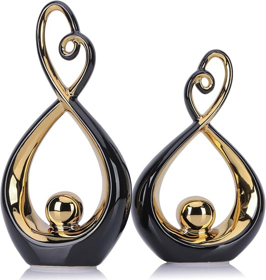 Black Decor Accent, Porcelain Art Mid Century Modern Black and Gold Decorations, Dining Table Objects, Abstract Ceramic Statue Sculpture - for Bookshelf Tv Stand Centerpiece Centro De Mesa