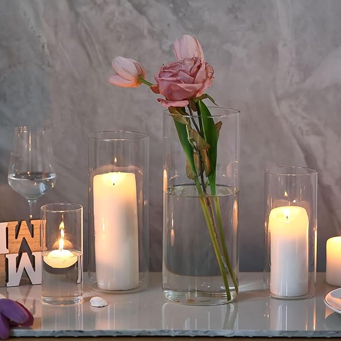 PHOSPHOR 4 PCS Glass Candle Holder, Hurricane Candle Hoder, Glass Pillar Candle Holder, Clear Cylinder Candleholder Cylinder Vase for Centerpieces Wedding Party Decoration