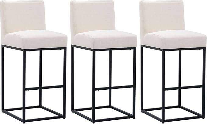 VESCASA Linen 31 inches Bar Height Bar Stools with Padded Back, Modern Upholstered Bar Stool Chairs with Black Metal Frame for Kitchen Island, Pub, Set of 3, Cream