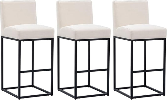 VESCASA Linen 31 inches Bar Height Bar Stools with Padded Back, Modern Upholstered Bar Stool Chairs with Black Metal Frame for Kitchen Island, Pub, Set of 3, Cream