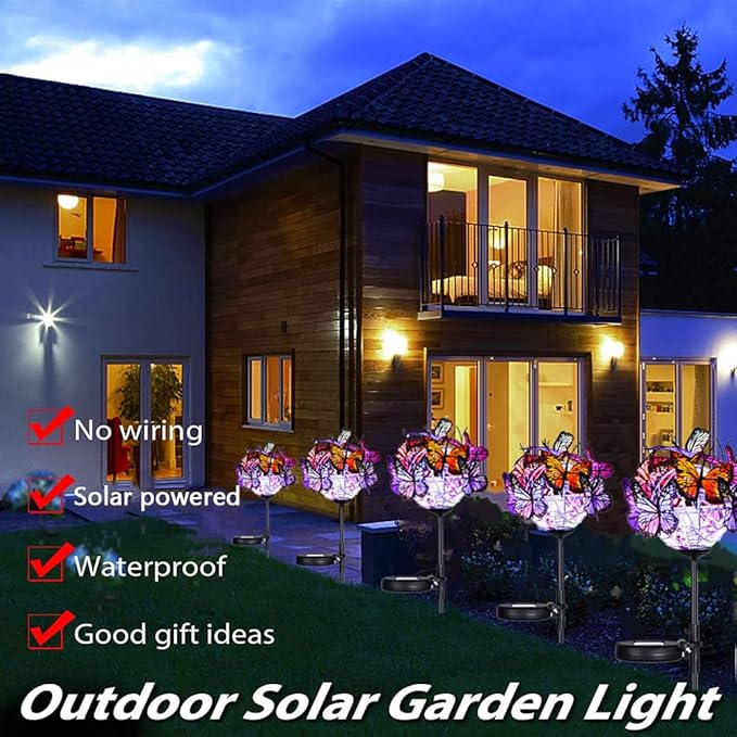 Outdoor Solar Lights 2 Pack, Solar Garden Lights with 18 Butterflies Decoration Outdoor Lamps, Waterproof Butterfly Flower Lights for Patio Yard Lawn Garden Decor, Gifts for Mom Women