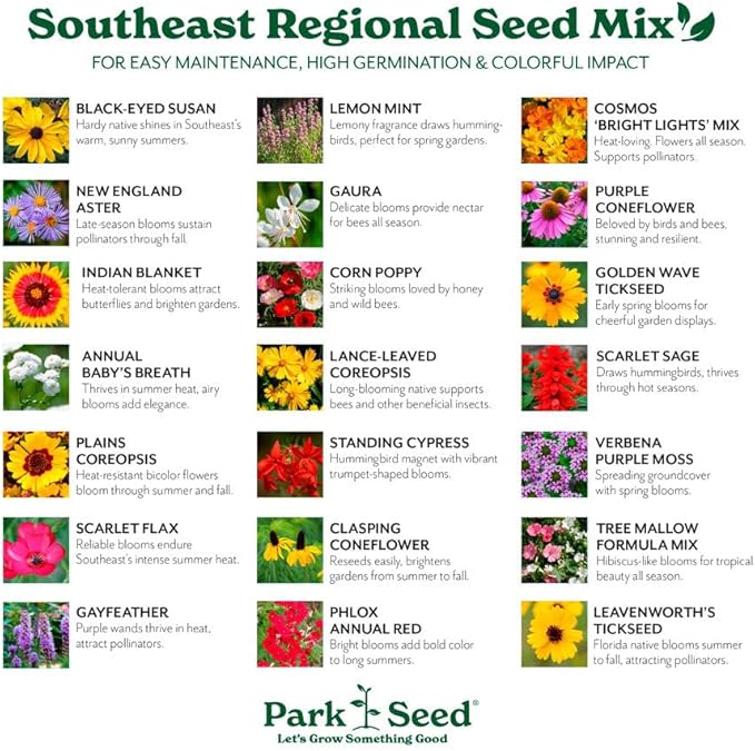 Park Seed Grow Your Own Vibrant Annual and Perennial Wildflower Garden Seeds Mixture, Easy to Grow Varieties for Pollinators and Spring Gardens - Southeast Regional Mix, 5 lbs